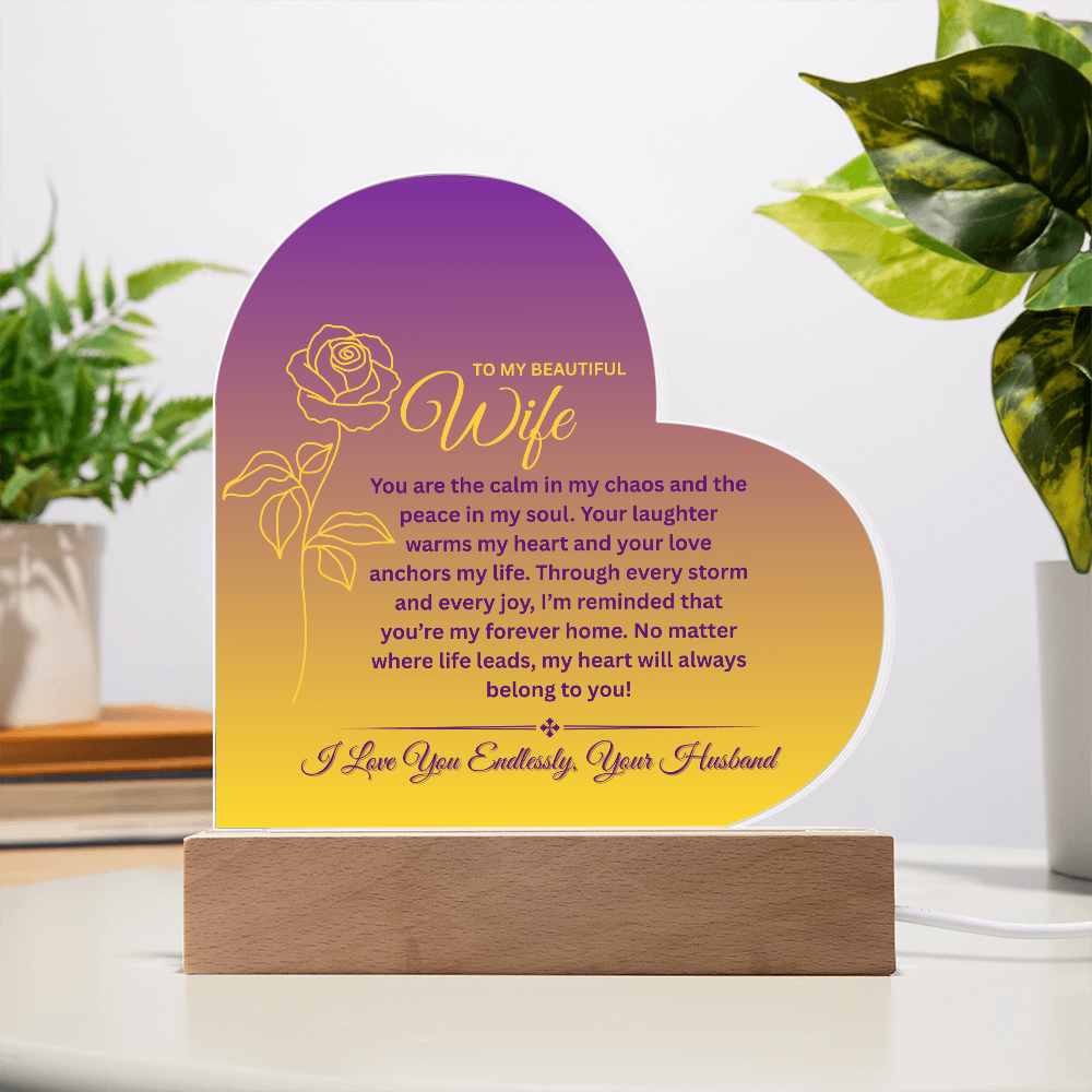 To My Beautiful Wife – Heart-Shaped Color-Changing LED Acrylic Plaque | Romantic Anniversary or Birthday Gift from Husband
