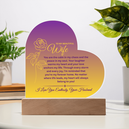 To My Beautiful Wife – Heart-Shaped Color-Changing LED Acrylic Plaque | Romantic Anniversary or Birthday Gift from Husband