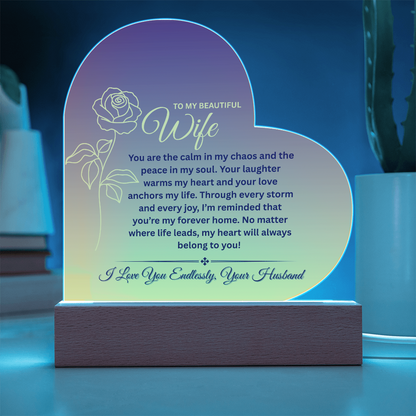 To My Beautiful Wife – Heart-Shaped Color-Changing LED Acrylic Plaque | Romantic Anniversary or Birthday Gift from Husband
