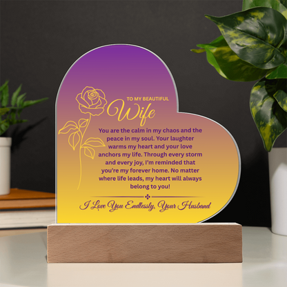 To My Beautiful Wife – Heart-Shaped Color-Changing LED Acrylic Plaque | Romantic Anniversary or Birthday Gift from Husband