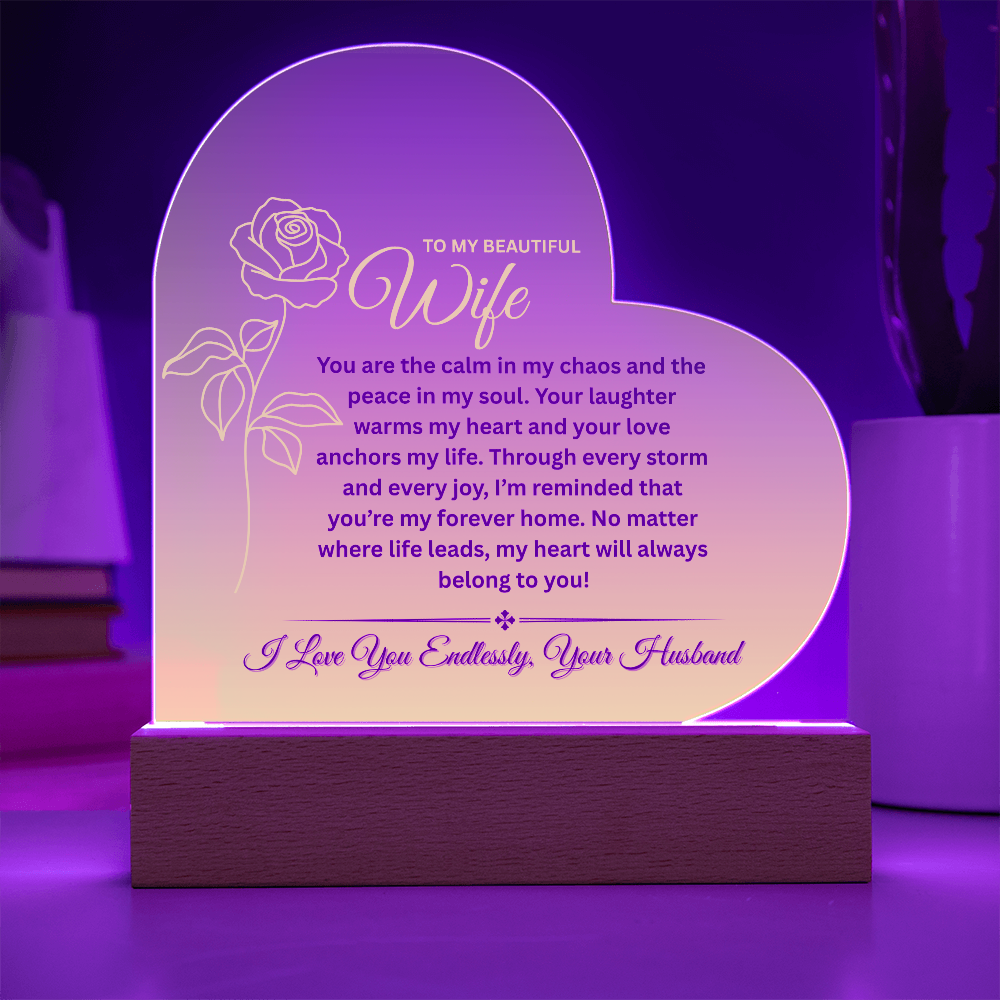 To My Beautiful Wife – Heart-Shaped Color-Changing LED Acrylic Plaque | Romantic Anniversary or Birthday Gift from Husband