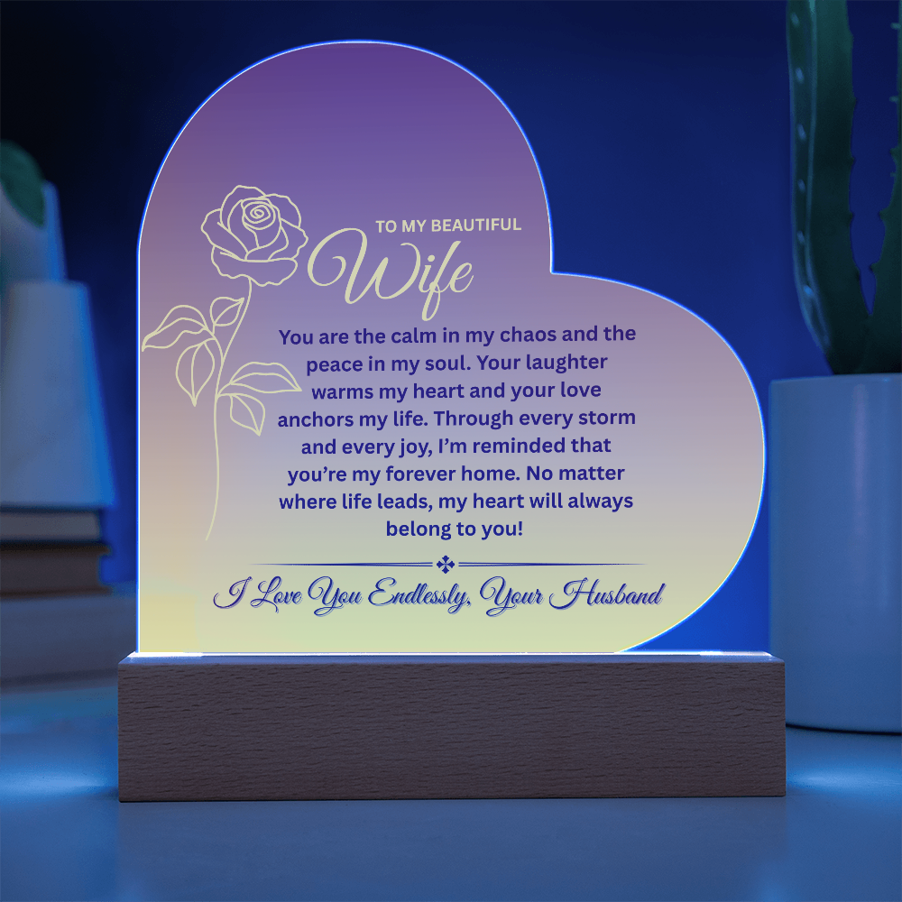 To My Beautiful Wife – Heart-Shaped Color-Changing LED Acrylic Plaque | Romantic Anniversary or Birthday Gift from Husband