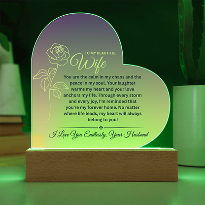 To My Beautiful Wife – Heart-Shaped Color-Changing LED Acrylic Plaque | Romantic Anniversary or Birthday Gift from Husband