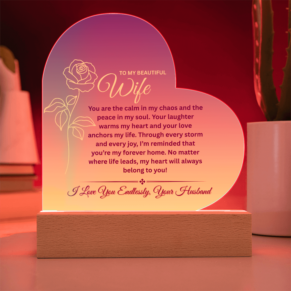 To My Beautiful Wife – Heart-Shaped Color-Changing LED Acrylic Plaque | Romantic Anniversary or Birthday Gift from Husband