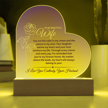 To My Beautiful Wife – Heart-Shaped Color-Changing LED Acrylic Plaque | Romantic Anniversary or Birthday Gift from Husband