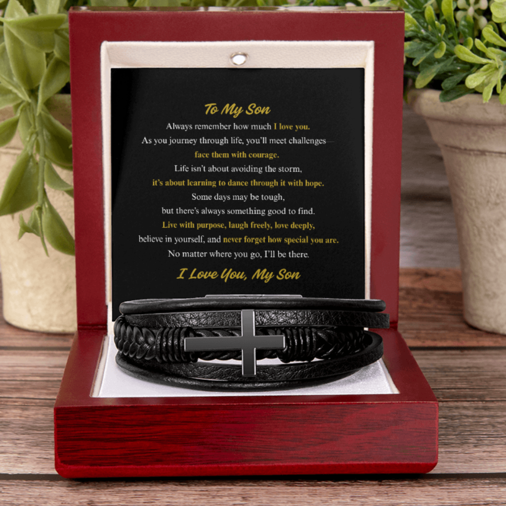 To My Son Cross Leather Bracelet – Inspirational Gift – Christian Faith Bracelet with Message Card – Birthday, Graduation, or Christmas Gift for Son