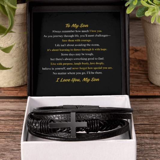 To My Son Cross Leather Bracelet – Inspirational Gift – Christian Faith Bracelet with Message Card – Birthday, Graduation, or Christmas Gift for Son